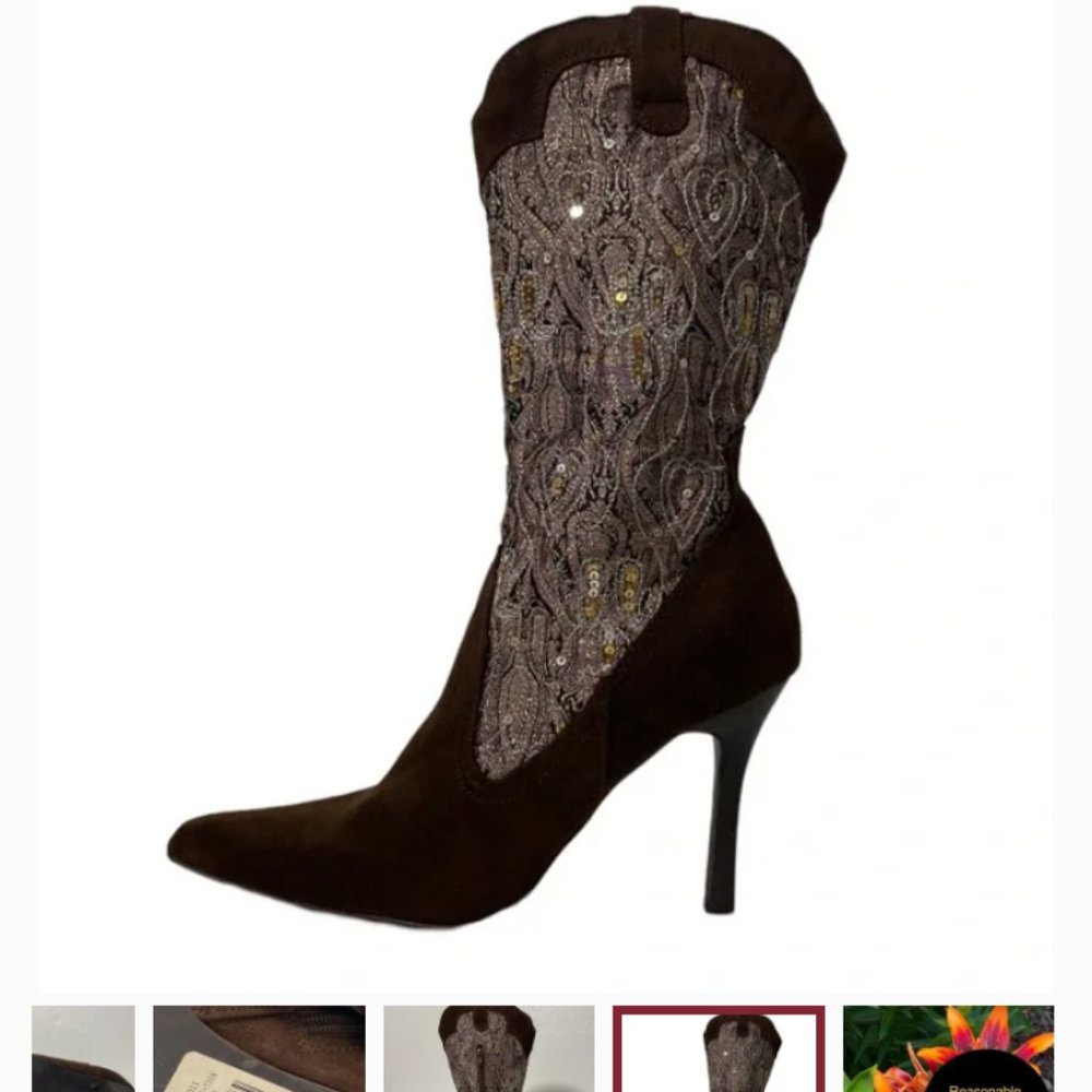 🌹 Rogue Mid Calf High Heel Suede Cowboy Boots - Picture 2 of 4